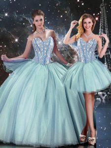 Sleeveless Floor Length Beading Lace Up Ball Gown Prom Dress with Light Blue