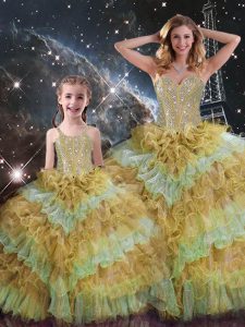Beauteous Beading and Ruffled Layers and Sequins Ball Gown Prom Dress Multi-color Lace Up Sleeveless Floor Length