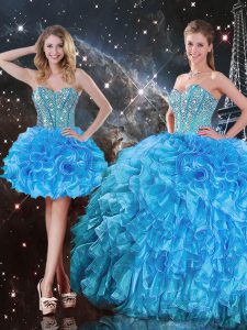 Adorable Beading and Ruffles Quinceanera Gowns Baby Blue Lace Up Sleeveless Floor Length