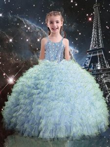 Custom Design Light Blue Sleeveless Floor Length Beading and Ruffles Lace Up Little Girls Pageant Gowns