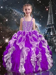 Eye-catching Eggplant Purple Pageant Dress for Womens Quinceanera and Wedding Party with Beading and Ruffles Straps Sleeveless Lace Up