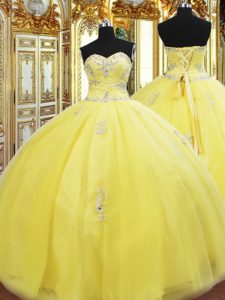 Gold Tulle Lace Up Sweet 16 Dress Sleeveless Floor Length Beading and Appliques