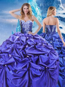 Floor Length Lace Up 15 Quinceanera Dress Purple for Military Ball and Sweet 16 and Quinceanera with Beading and Pick Ups