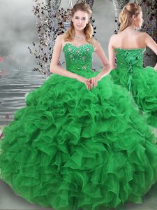 Green Ball Gowns Organza Sweetheart Sleeveless Beading and Ruffles Floor Length Lace Up 15th Birthday Dress