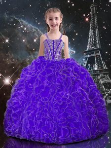 Beading and Ruffles Little Girl Pageant Dress Eggplant Purple Lace Up Sleeveless Floor Length