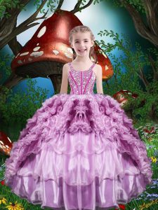 Lilac Ball Gowns Organza Straps Sleeveless Beading and Ruffles and Ruffled Layers Floor Length Lace Up Kids Formal Wear