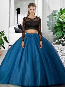 Long Sleeves Tulle Floor Length Backless Sweet 16 Quinceanera Dress in Blue with Lace and Ruching