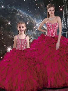 Floor Length Lace Up Quinceanera Gowns Burgundy for Military Ball and Sweet 16 and Quinceanera with Beading and Ruffles