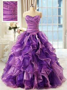 Eggplant Purple Lace Up Quince Ball Gowns Beading and Ruffles Sleeveless Floor Length