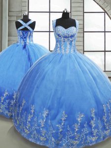 Wonderful Sweetheart Sleeveless Ball Gown Prom Dress Floor Length Beading and Appliques Baby Blue Tulle