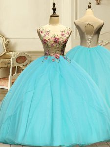 Custom Designed Sleeveless Organza Floor Length Lace Up 15 Quinceanera Dress in Aqua Blue with Appliques
