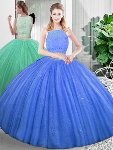 Baby Blue Two Pieces Organza Scoop Sleeveless Lace and Ruching Floor Length Zipper 15th Birthday Dress