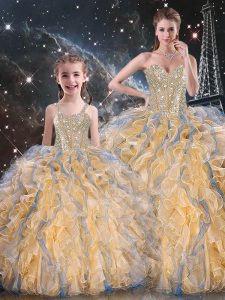 Floor Length Gold Quinceanera Gowns Organza Sleeveless Beading and Ruffles
