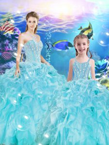 Beauteous Aqua Blue Sweet 16 Dresses Military Ball and Sweet 16 and Quinceanera with Beading and Ruffles Sweetheart Sleeveless Lace Up