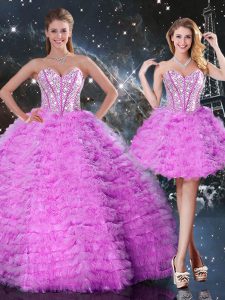 Fuchsia Organza Lace Up Sweetheart Sleeveless Floor Length Quinceanera Dress Beading and Ruffled Layers