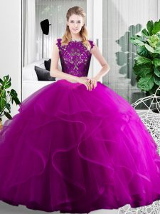 Charming Fuchsia Scoop Neckline Lace and Ruffles Sweet 16 Quinceanera Dress Sleeveless Zipper