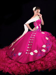 Designer Fuchsia Lace Up V-neck Embroidery and Ruffles Sweet 16 Dress Taffeta Sleeveless Brush Train