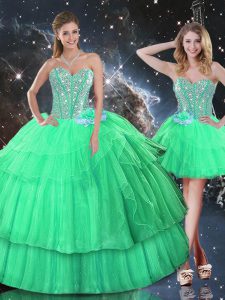 Custom Fit Apple Green Sleeveless Organza Lace Up 15th Birthday Dress for Military Ball and Sweet 16 and Quinceanera