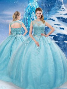 Aqua Blue Tulle Lace Up 15th Birthday Dress Sleeveless Brush Train Beading