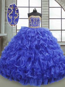 Royal Blue Quince Ball Gowns Military Ball and Sweet 16 and Quinceanera with Beading and Appliques and Ruffles Strapless Sleeveless Lace Up