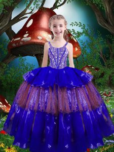 Royal Blue Straps Lace Up Beading and Ruffled Layers Kids Pageant Dress Sleeveless