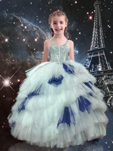 Ball Gowns Kids Formal Wear White Straps Tulle Sleeveless Floor Length Lace Up