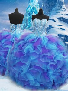 Blue Sweet 16 Quinceanera Dress Military Ball and Sweet 16 and Quinceanera with Beading and Ruffles Sweetheart Sleeveless Lace Up