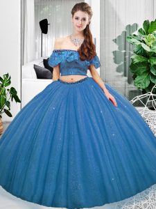 Blue Quince Ball Gowns Military Ball and Sweet 16 and Quinceanera with Lace Off The Shoulder Sleeveless Lace Up