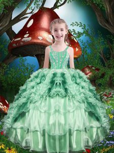 Apple Green Ball Gowns Straps Sleeveless Organza Floor Length Lace Up Beading and Ruffles and Ruffled Layers Little Girl Pageant Dress
