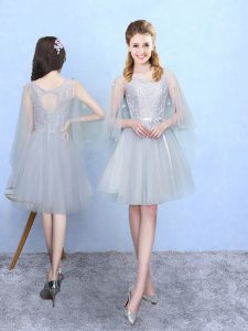 Silver Empire Tulle Square Half Sleeves Lace Knee Length Lace Up Damas Dress