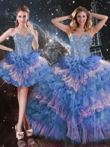 Organza Sweetheart Sleeveless Lace Up Beading and Ruffled Layers and Sequins Quinceanera Dresses in Multi-color