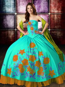 Fabulous Satin Strapless Sleeveless Lace Up Embroidery Sweet 16 Dress in Multi-color