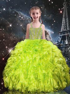 Yellow Green Straps Lace Up Beading and Ruffles Little Girls Pageant Dress Sleeveless