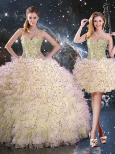 Custom Designed Light Yellow Ball Gowns Beading and Ruffles Sweet 16 Quinceanera Dress Lace Up Organza Sleeveless Floor Length