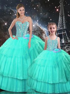Modern Ball Gowns Quince Ball Gowns Turquoise Sweetheart Organza Sleeveless Floor Length Lace Up