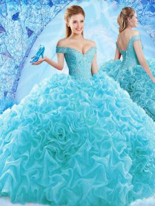 Simple Cap Sleeves Organza Brush Train Lace Up Quinceanera Dresses in Aqua Blue with Ruffles and Pick Ups