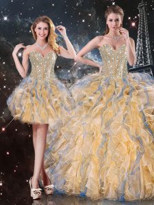 Floor Length Lace Up Sweet 16 Dress Gold for Military Ball and Sweet 16 and Quinceanera with Beading and Ruffles