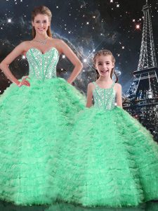 Sweetheart Sleeveless Quinceanera Dress Floor Length Beading and Ruffles Turquoise Tulle