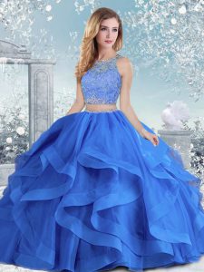 Deluxe Royal Blue Clasp Handle Sweet 16 Quinceanera Dress Beading and Ruffles Long Sleeves Floor Length
