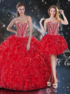 Romantic Floor Length Wine Red Sweet 16 Dress Organza Sleeveless Beading and Ruffles