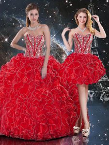 Romantic Floor Length Wine Red Sweet 16 Dress Organza Sleeveless Beading and Ruffles