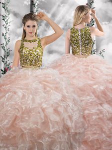 Floor Length Two Pieces Sleeveless Peach Quinceanera Dress Zipper