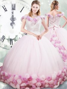 Sleeveless Brush Train Hand Made Flower Lace Up Quince Ball Gowns
