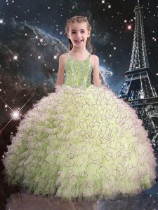 Simple Floor Length Olive Green Little Girls Pageant Dress Organza Sleeveless Beading and Ruffles