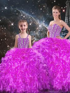 Fuchsia Lace Up Sweetheart Beading and Ruffles Quinceanera Dresses Organza Sleeveless