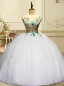 Sexy Floor Length Lace Up Quinceanera Dresses White for Military Ball and Sweet 16 and Quinceanera with Appliques and Ruffles