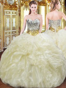 Luxury Light Yellow Ball Gowns Beading and Ruffles Vestidos de Quinceanera Lace Up Organza Sleeveless Floor Length