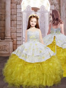 Dramatic Gold Pageant Dresses Quinceanera and Wedding Party with Embroidery and Ruffles Spaghetti Straps Sleeveless Brush Train Lace Up