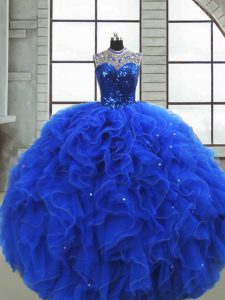 Stylish Royal Blue Organza Zipper Quinceanera Dress Sleeveless Floor Length Ruffles and Sequins