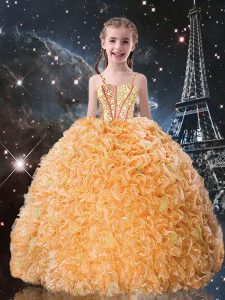 Gold Straps Neckline Beading and Ruffles Pageant Dress Toddler Sleeveless Lace Up